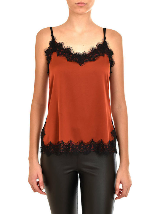 Γυναικείο Σατέν Lingerie Top με Δαντέλα Καφέ