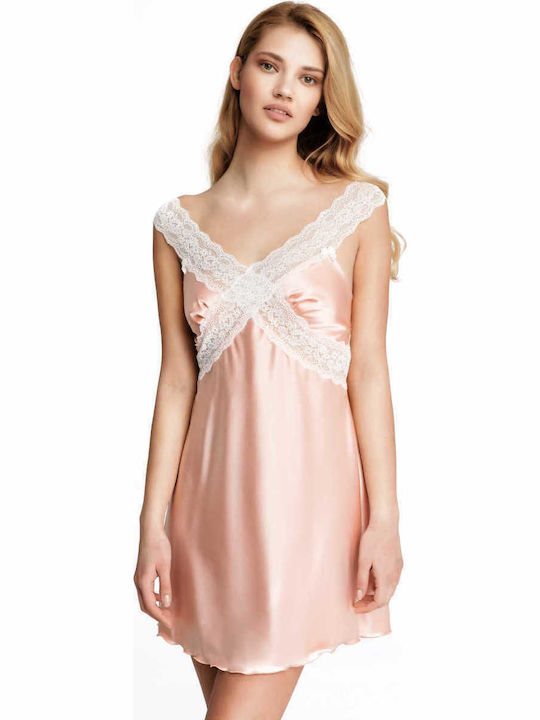 Milena by Paris Satin Bridal Women's Nightdress with String Pink 3321 003321-Σομόν-Ιβουάρ