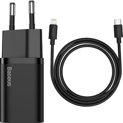 Baseus Încărcător cu port USB-C și cablu USB-C - Lightning 20W Livrarea energiei Negru (Super Si)