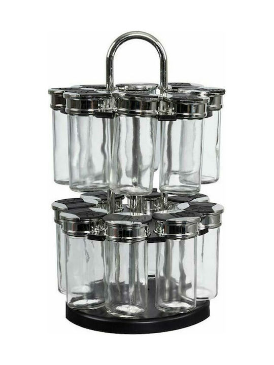 DKD Home Decor Θήκες Μπαχαρικών Γυάλινες σε Περιστρεφόμενη Βάση Ασημί 16τμχ