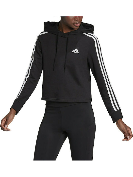 Adidas Essentials 3-Stripes Cropped Γυναικείο Φούτερ με Κουκούλα Μαύρο
