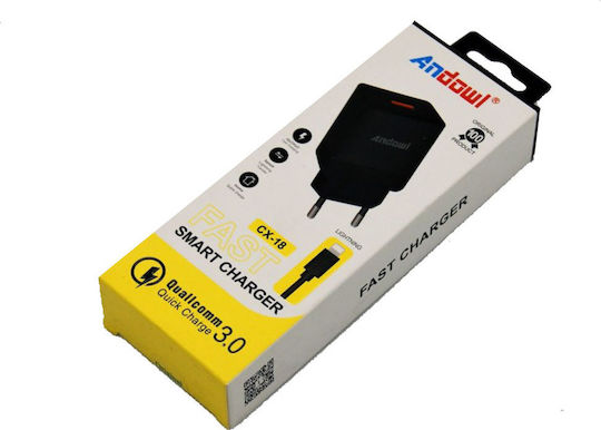 Andowl Încărcător cu Port USB-A și Cablu Lightning Negruς (CX-18)