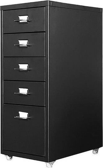 Office Storage Metal Drawer with Wheels & 5 Drawers Black L41xW28xH69cm