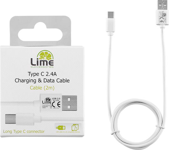 Lime LUC01 USB 2.0 Cable USB-C Male - USB-A White 1m 280819