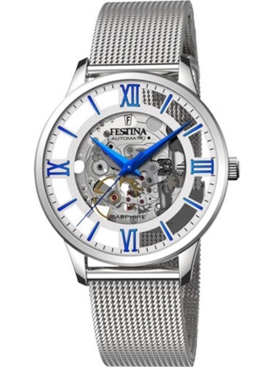 Festina Ανδρικό Ρολόι 42mm Αυτόματο με Ασημί Ατσάλινο Μπρασελέ