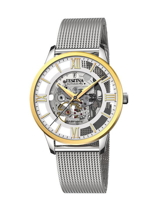 Festina Ανδρικό Ρολόι 41.5mm Αυτόματο με Ασημί Ατσάλινο Μπρασελέ