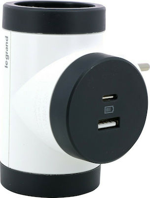 Legrand 2-Outlet T-Shaped Wall Plug with USB White