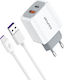 Awei Φορτιστής με Θύρα USB-A και Θύρα USB-C και Καλώδιο USB-C 20W Power Delivery / Quick Charge 3.0 Λευκός (PD4)