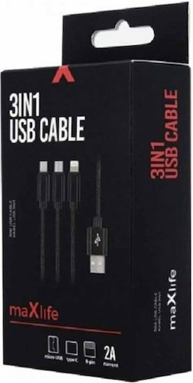 Maxlife Regular Cablu USB la Lightning / Type-C / micro USB cu mai multe porturi 2.1A Gri 1m (MAXLIFE3IN1)