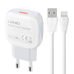 Ldnio Φορτιστής με Θύρα USB-A και Καλώδιο Lightning Quick Charge 3.0 Λευκός (A1306Q)