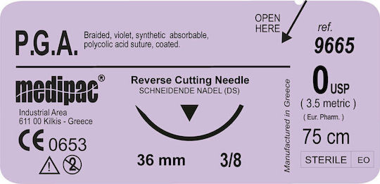 Medipac Surgical Sutures Length 75cm PGA 0 with Needle 36mm