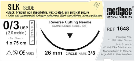 Medipac Surgical Sutures Length 75cm Silk 3/0 with Needle 26mm
