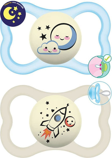 Mam Orthodontic Pacifiers Silicone Night Spaceship-Moon - Blue/White for 6-16 months 2pcs