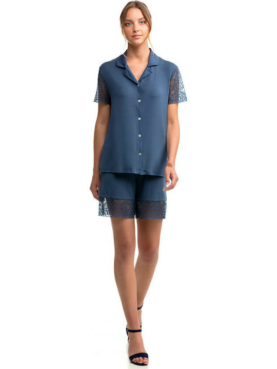 Vamp Sommer Damen Pyjama-Set Blau