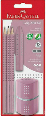 Faber-Castell Grip 2001 Set de 3 Creioane B cu Ascuțitoare și Radieră Roz 580073