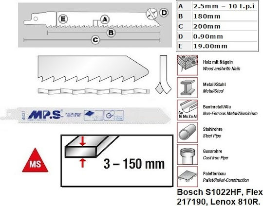 MP.S Jig Saw Blade for Metal and Wood 180mm HSS Bi-Metal sparger 5pcs 4431