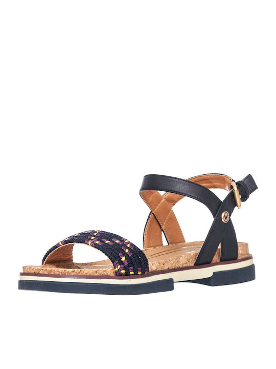 Ribbon Harvey Leather Women's Flat Sandals with Strap in Navy Blue Color
