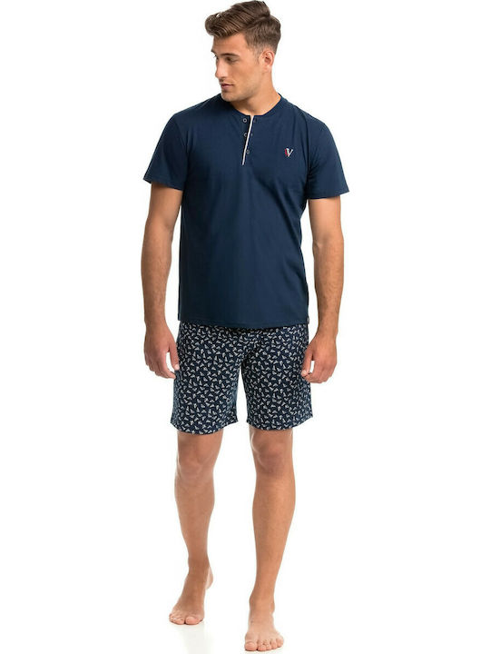 Vamp Men's Summer Cotton Pajamas Set Navy Blue