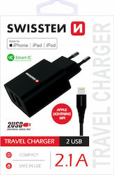 Swissten Ladegerät mit 2 USB-A Anschlüsse und Kabel Blitzschlag Schwarzs (22056000)