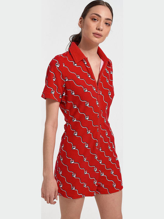 Bina Zip Frnt Playsuit Γυναικείο Κοντομάνικο Ολόσωμο Σορτς Κόκκινο