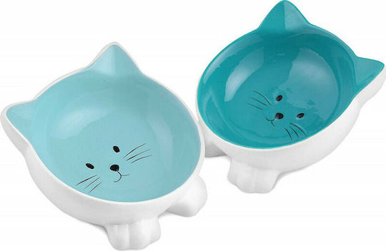 Navaris Ceramic Bowl Food & Water for Dog & Cat with Base in Blue Color 2pcs