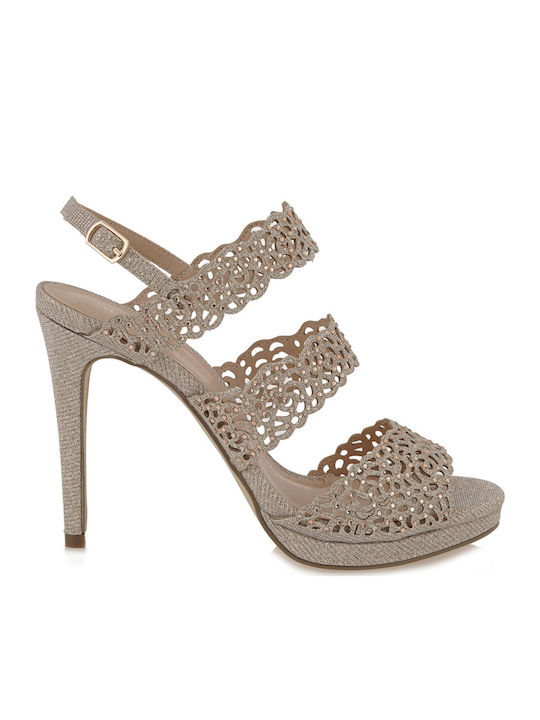 Menbur Fabric Women's Sandals with Strass Gold with Thin High Heel
