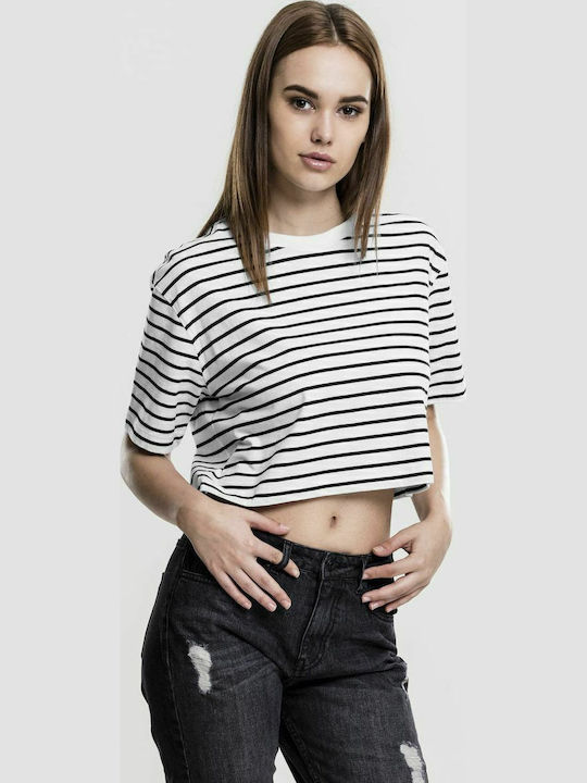 Women's Summer Crop Top Cotton Short Sleeve Striped White