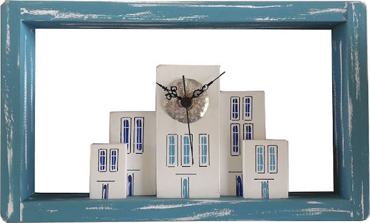 Kapadakis Wood Art Neighborhood With Island Houses Wall Clock Wooden Petrol 34x20cm