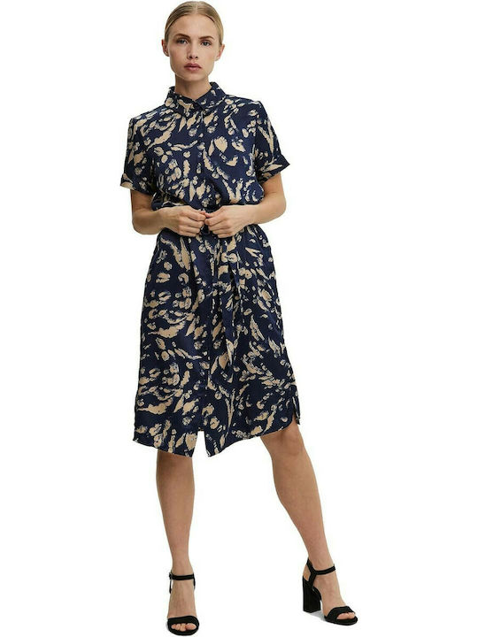 Vero Moda Midi All Day Φόρεμα Σατέν με Κουμπιά Navy Blue/Beige