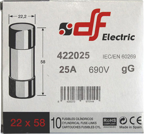 Adeleq Φυσίγγια Κυλινδρικά Πορσελάνης 22x58mm 25Α Gg Ταχείας Καύσεως