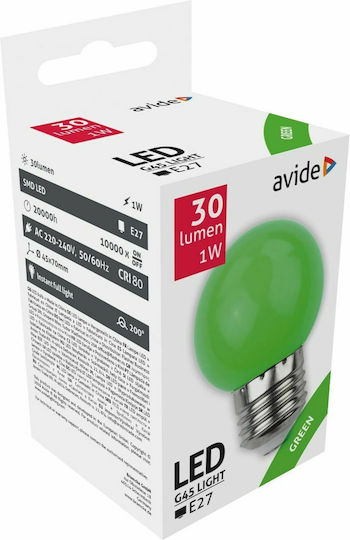 Avide ABDLG45-1W-G Λάμπα LED 1W 70mm για Ντουί E27 και Σχήμα G45 Πράσινο 30lm