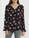 Gant Women's Blouse Cotton Long Sleeve with V Neckline Floral Navy Blue