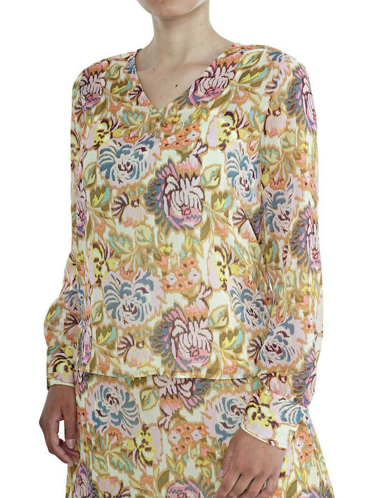 Only Women's Blouse Long Sleeve with V Neck Multicolor