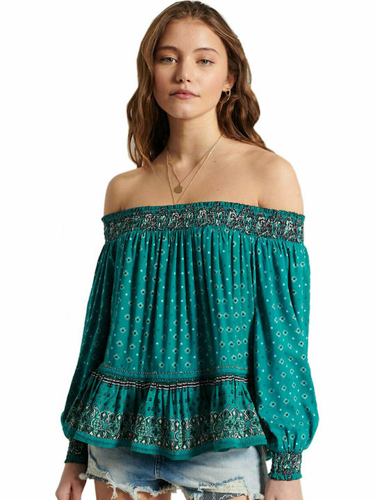 Superdry Ameera Women's Summer Blouse Off-Shoulder Long Sleeve Green