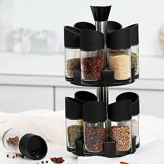 Relaxdays Spice Rack Θήκες Μπαχαρικών Γυάλινες σε Περιστρεφόμενη Βάση Μαύρη 12τμχ