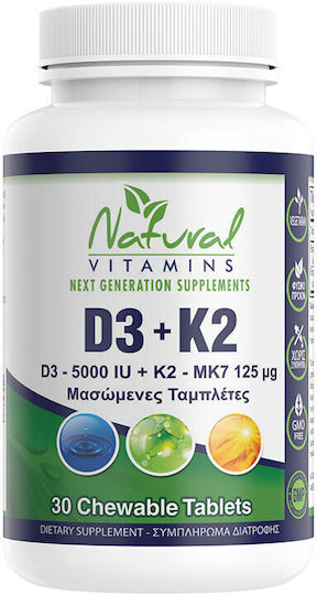 Natural Vitamins D3 5000IU + K2 125μg Vitamin for Immune System Boost & Bone Health 30 chewable tabs