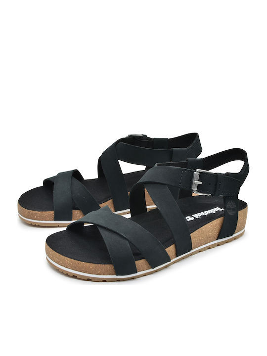 Malibu Waves Leather Women's Flat Sandals Anatomic with Strap in Black Color