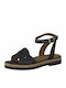 Leather Women's Flat Sandals with Strap in Black Color