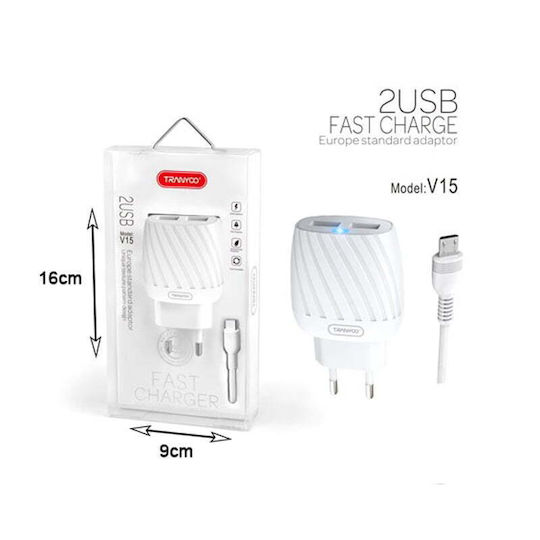 Tranyoo с 2 USB-A порта и кабел micro USB Бял (V15)