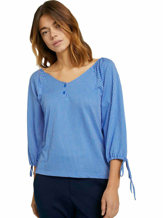 Tom Tailor Damen Sommer Bluse mit 3/4 Ärmel & V-Ausschnitt Gestreift Blau