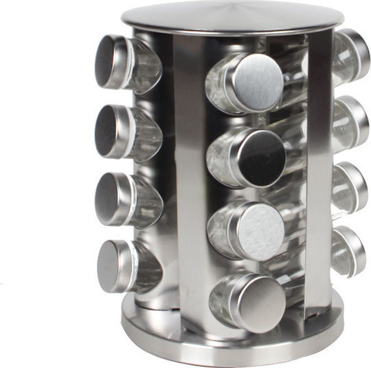 Keskor Spice Jar Glass in Rotating Stand Silver 16pcs
