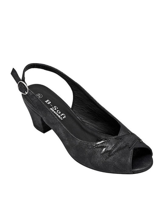 B-Soft Peep Toe Γόβες με Λουράκι & Χοντρό Μεσαίο Τακούνι Μαύρες