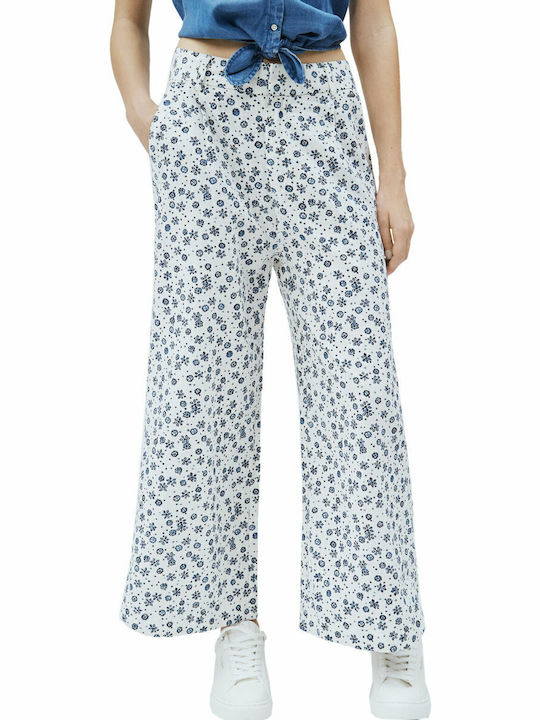 Lois Women's High-waisted Linen Trousers in Wide Line Floral Blue
