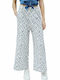 Lois Women's High-waisted Linen Trousers in Wide Line Floral Blue