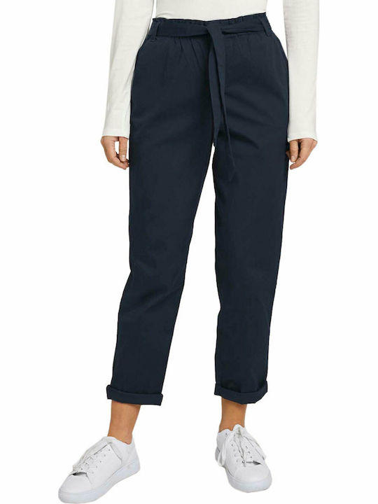 Women's High-waisted Fabric Trousers Paperbag Fit Navy Blue