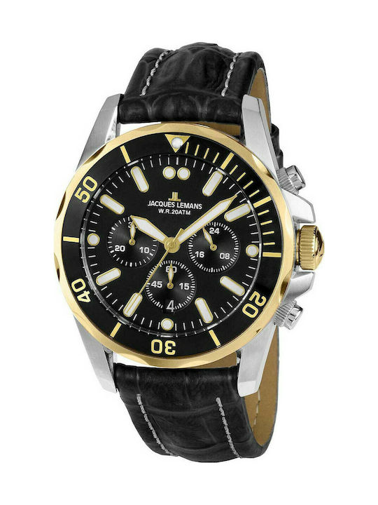 Jacques Lemans Liverpool Ανδρικό Ρολόι 43mm Χρονογράφος Μπαταρίας με Μαύρο Δερμάτινο Λουράκι