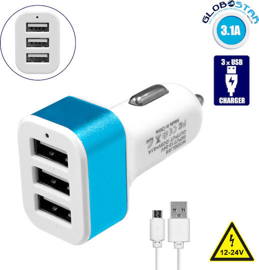GloboStar Auto-Ladegerät 20W 3.1A mit Anschlüssen: 3xUSB mit Kabel Typ-C,TC-TC Blau Farbe