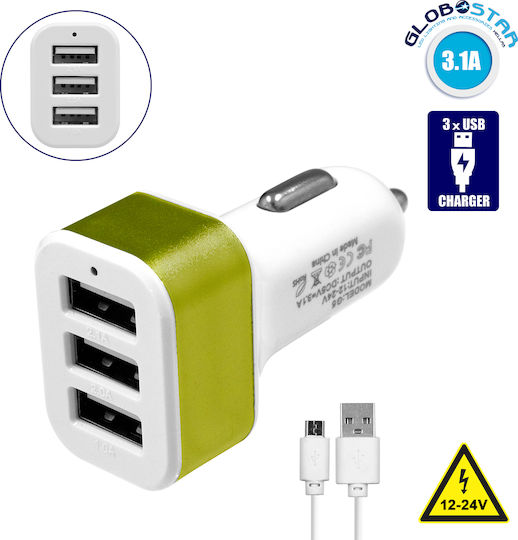 GloboStar Auto-Ladegerät 20W 3.1A mit Anschlüssen: 3xUSB mit Kabel Typ-C,TC-TC