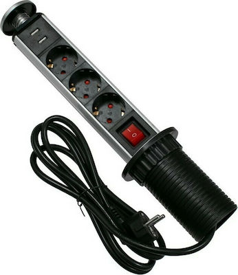 GloboStar 3-Outlet Power Strip with USB and Surge Protection 1.8m Black Χωνευτό Πτυσσόμενο