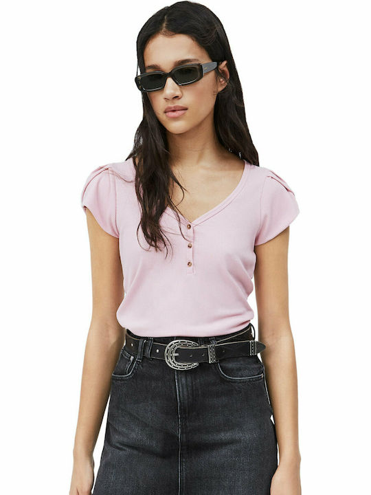 Pepe Jeans Damen Sommer Bluse Kurzärmelig mit V-Ausschnitt Rosa